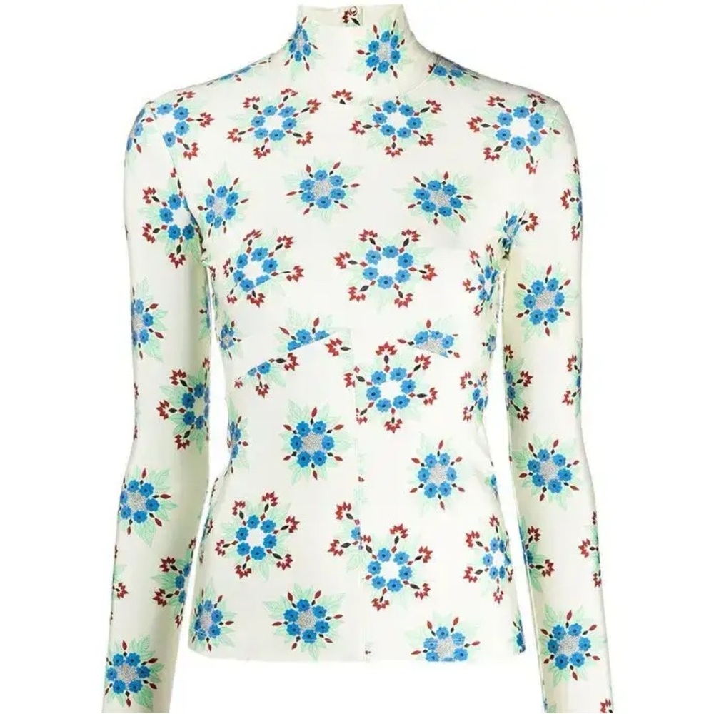Paco Rabanne Floral Print Fitted Turtleneck Top Size XXL Cream Multicolor